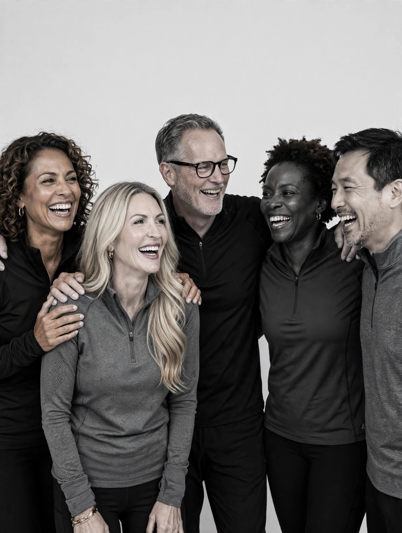 Five adults in their 50s laughing together with arms around each other