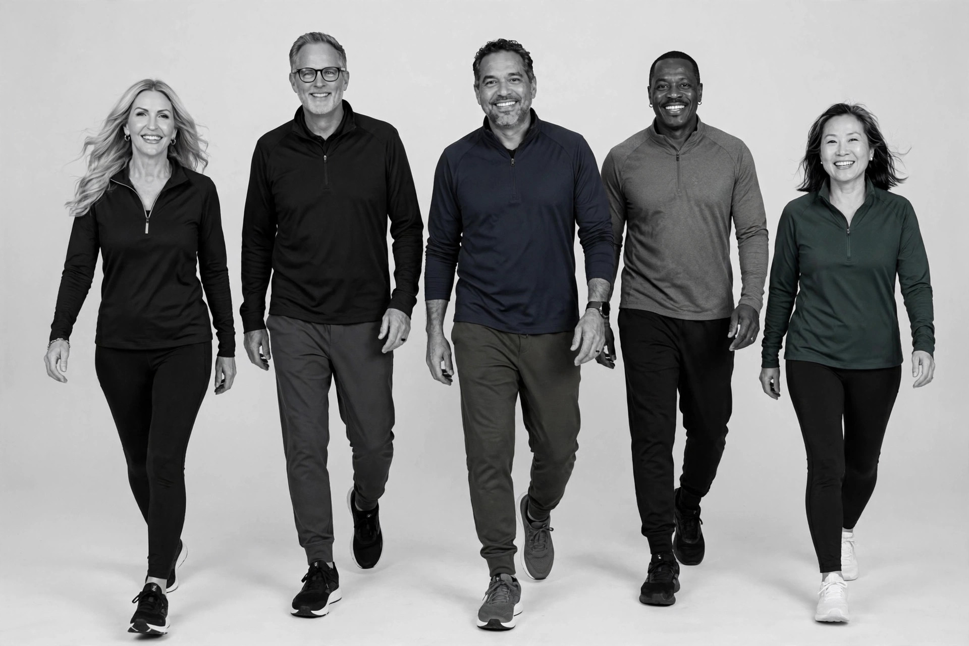 Five adults in their 50s walking briskly together in athletic wear