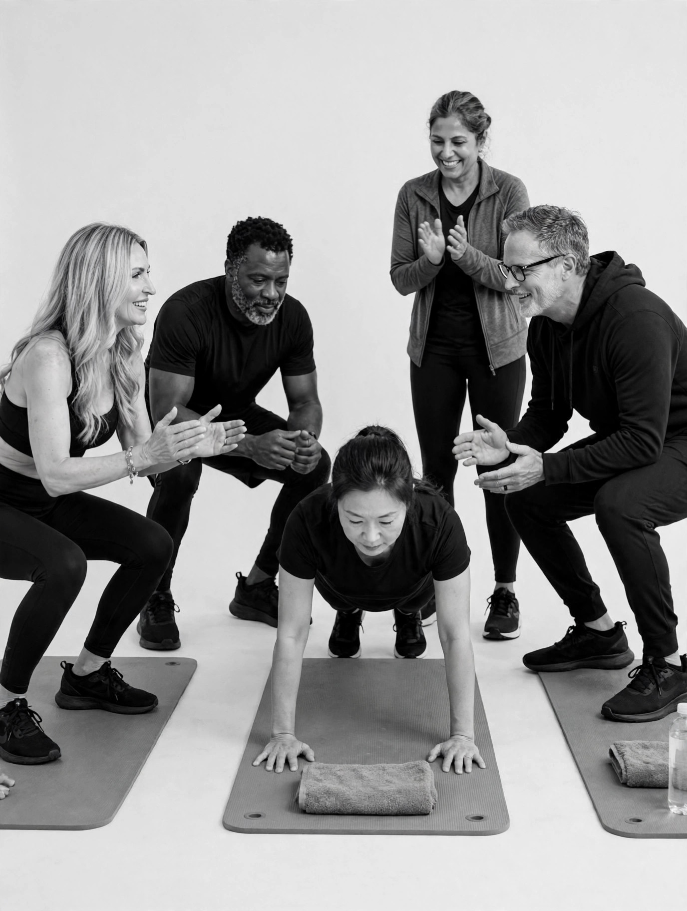 Adults in their 50s doing bodyweight exercises together on mats